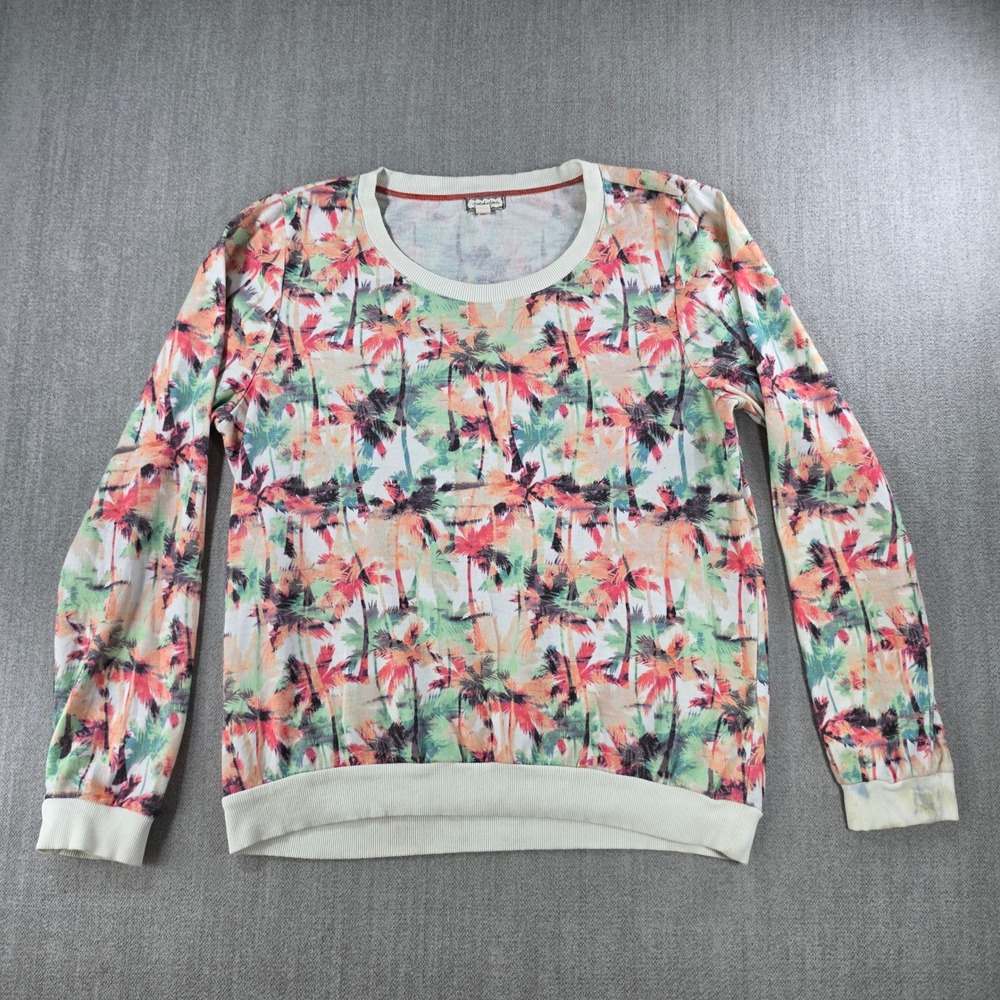 Eyeshadow Pullover Top Women XL Cream Tropical Palm Tree Print Knit Long Sleeve